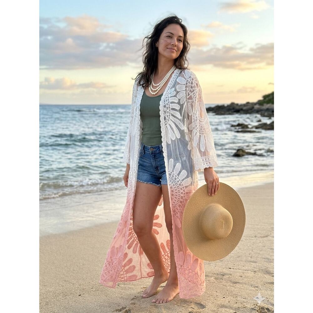 Boho Embroidered Lace Kimono Duster - White & Pink Ombre - One Size